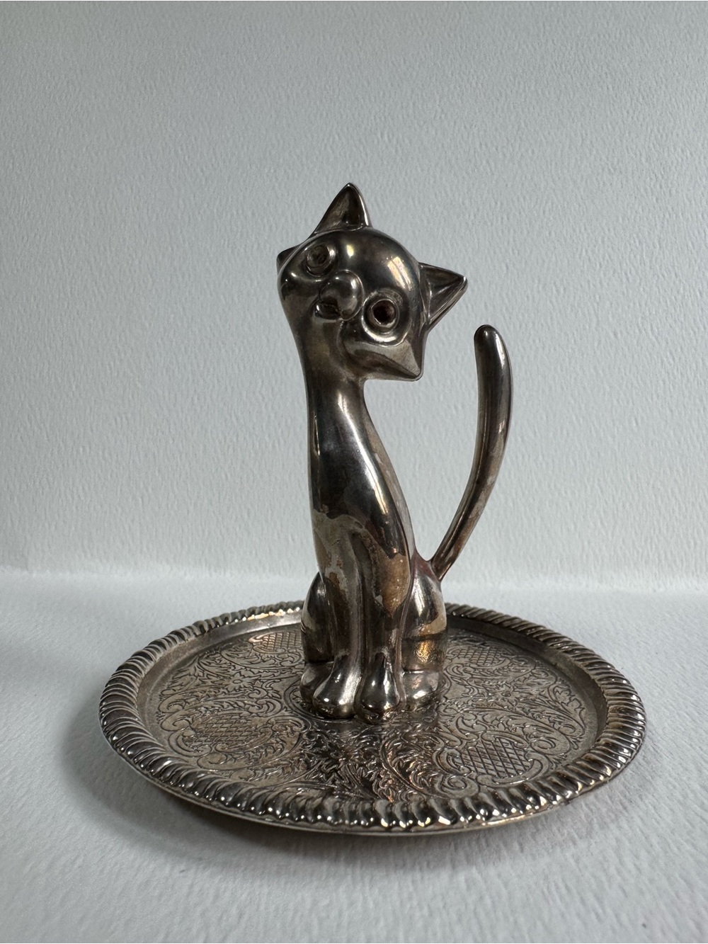 Silver Plate Cat Ring Holder Jewelry Dish - Silver